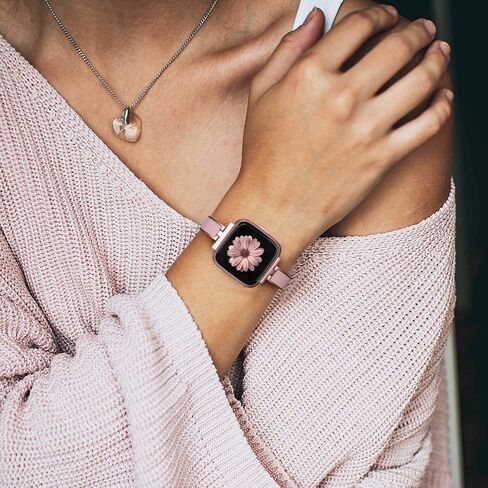 TOYOUTHS Stylish Bracelet Compatible with Fitbit Versa/Versa 2 Bands Women Slim Strap Replacement for Versa Lite Special Edition Stainless Steel Metal+Leather Accessories (Rose Gold+Pink) in Saudi Arabia