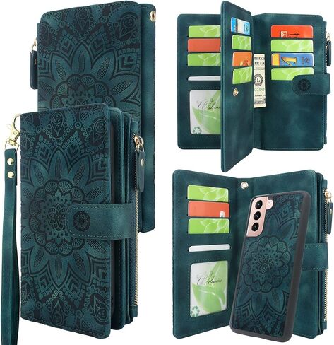 Harryshell Detachable Magnetic Zipper Wallet Leather Case Cash Pocket with 12 Card Slots Holder Wrist Strap for Samsung Galaxy S21 5G 6.2 Inch (2021) Floral Flower (Teal) in Kuwait
