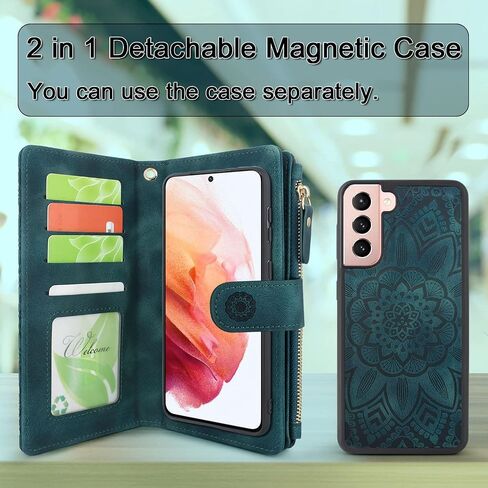 Harryshell Detachable Magnetic Zipper Wallet Leather Case Cash Pocket with 12 Card Slots Holder Wrist Strap for Samsung Galaxy S21 5G 6.2 Inch (2021) Floral Flower (Teal) in Kuwait