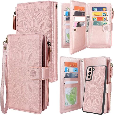 Harryshell Detachable Magnetic Zipper Wallet Leather Case Cash Pocket with 12 Card Slots Holder Wrist Strap for Samsung Galaxy S21 5G 6.2 Inch (2021) Floral Flower (Teal) in Kuwait