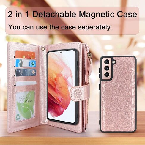 Harryshell Detachable Magnetic Zipper Wallet Leather Case Cash Pocket with 12 Card Slots Holder Wrist Strap for Samsung Galaxy S21 5G 6.2 Inch (2021) Floral Flower (Teal) in Kuwait
