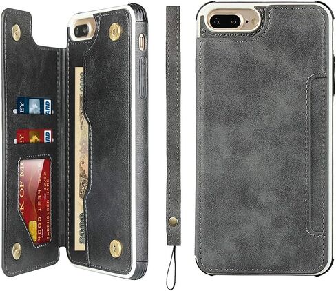 حافظة iCoverCase iPhone 8 Plus/7 Plus/6s Plus/6 Plus مع حامل فتحات للبطاقات وحزام معصم مصنوع من جلد البولي يوريثان الفاخر بمسند مغناطيسي وغطاء مقاوم للصدمات 5.5 بوصة (كاكي) in Kuwait
