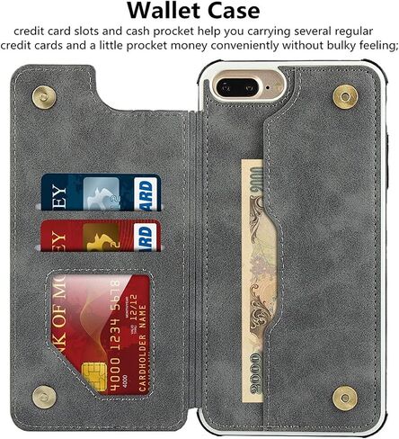 حافظة iCoverCase iPhone 8 Plus/7 Plus/6s Plus/6 Plus مع حامل فتحات للبطاقات وحزام معصم مصنوع من جلد البولي يوريثان الفاخر بمسند مغناطيسي وغطاء مقاوم للصدمات 5.5 بوصة (كاكي) in Kuwait