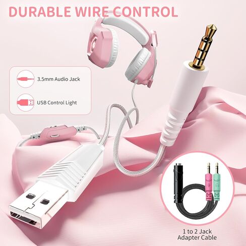 Ozeino [2024 New] Gaming Headset for PS4, PS5, PC, Xbox One Controller, Noise Cancelling Over Ear Headphones with Mic, LED Light, Bass Surround, Soft Memory Earmuffs -Pink in Kuwait