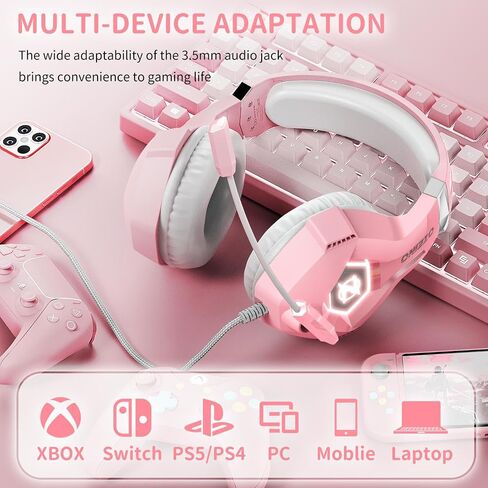Ozeino [2024 New] Gaming Headset for PS4, PS5, PC, Xbox One Controller, Noise Cancelling Over Ear Headphones with Mic, LED Light, Bass Surround, Soft Memory Earmuffs -Pink in Kuwait