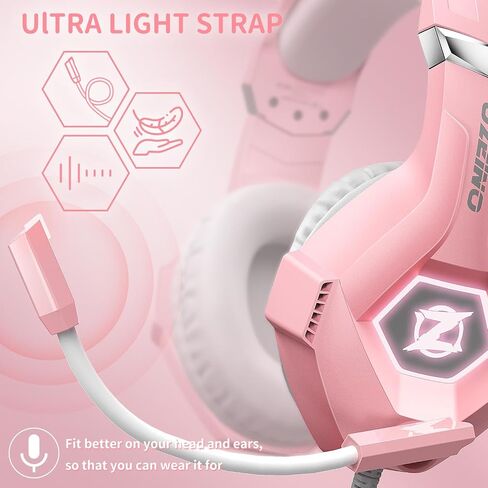 Ozeino [2024 New] Gaming Headset for PS4, PS5, PC, Xbox One Controller, Noise Cancelling Over Ear Headphones with Mic, LED Light, Bass Surround, Soft Memory Earmuffs -Pink in Kuwait