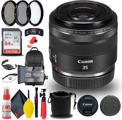 Canon RF 35mm f/1.8 is Macro STM Lens (2973C002) + Filter Kit + Backpack + 64GB Card + Lens Pouch + Card Reader + Flex Tripod + Memory Wallet + Cap Keeper + Cleaning Kit + Hand Strap + More (Renewed) in Saudi Arabia