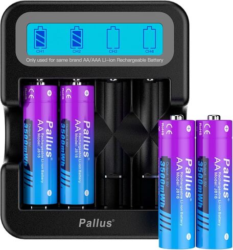 بطاريات Pallus 1.5V AA قابلة لإعادة الشحن، 4 بطاريات ليثيوم مزدوجة A، بطاريات ليثيوم 3500 مللي واط في الساعة مُعاد شحنها مسبقًا AA لكاميرا أمان وميض، وحدة تحكم في الألعاب، ألعاب RC، أقفال أبواب ذكية، دورة 1600x in Kuwait
