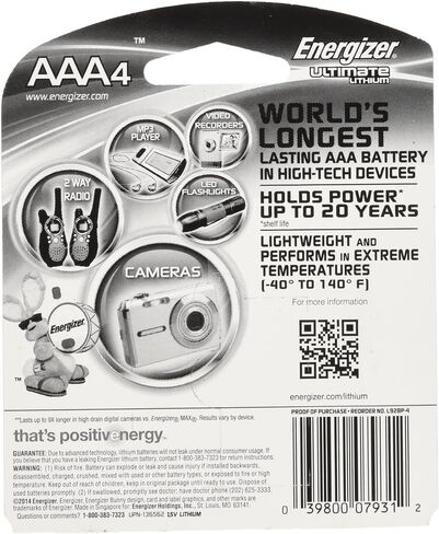 بطاريات إنرجايزر L92BP-4 Ultimate Lithium AAA، بطارية AAA الأطول عمرًا في العالم في الأجهزة عالية التقنية (4 عبوات) in Saudi Arabia