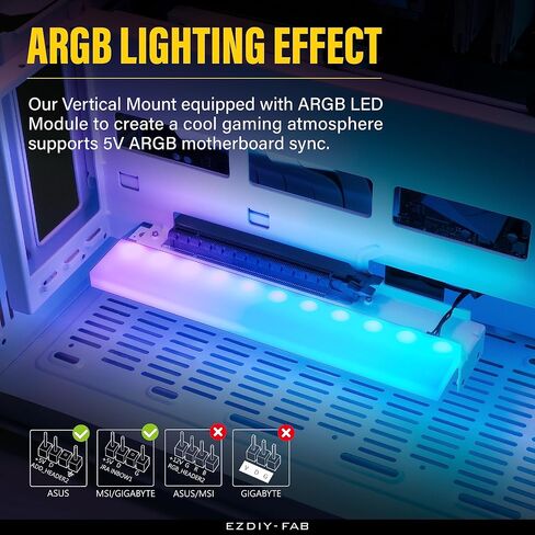 حامل بطاقة رسومية EZDIY-FAB عمودي PCIe 4.0 GPU مع وحدة ARGB LED 5V 3 Pin، مجموعة دعم VGA لبطاقة الفيديو مع كابل رفع PCIe 4.0 X16 Gen4 17 سم/6.69 بوصة زاوية يمين 90 درجة - أسود in Kuwait