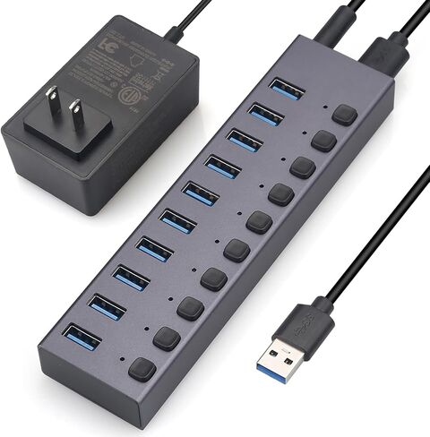 موزع USB 3.0 يعمل بالطاقة، مقسم موزع 10 منافذ، سرعة عالية 5 جيجابت في الثانية، غلاف من الألومنيوم مع مفاتيح تشغيل/إيقاف LED فردية، محول طاقة للكمبيوتر المحمول والكمبيوتر الشخصي in Kuwait
