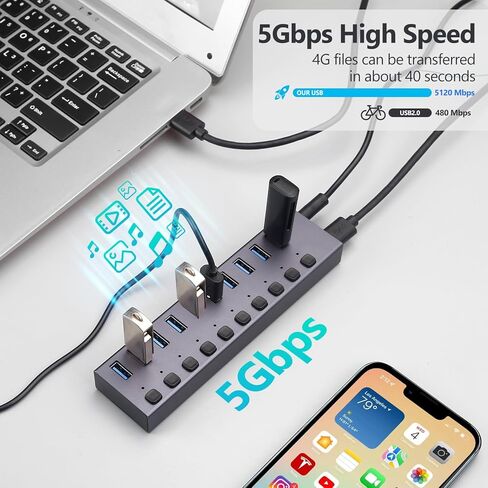 موزع USB 3.0 يعمل بالطاقة، مقسم موزع 10 منافذ، سرعة عالية 5 جيجابت في الثانية، غلاف من الألومنيوم مع مفاتيح تشغيل/إيقاف LED فردية، محول طاقة للكمبيوتر المحمول والكمبيوتر الشخصي in Kuwait