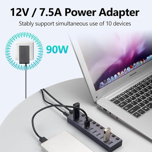 موزع USB 3.0 يعمل بالطاقة، مقسم موزع 10 منافذ، سرعة عالية 5 جيجابت في الثانية، غلاف من الألومنيوم مع مفاتيح تشغيل/إيقاف LED فردية، محول طاقة للكمبيوتر المحمول والكمبيوتر الشخصي in Kuwait
