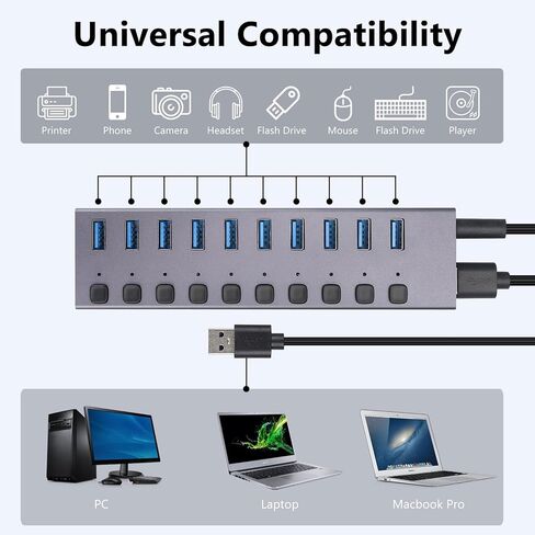 موزع USB 3.0 يعمل بالطاقة، مقسم موزع 10 منافذ، سرعة عالية 5 جيجابت في الثانية، غلاف من الألومنيوم مع مفاتيح تشغيل/إيقاف LED فردية، محول طاقة للكمبيوتر المحمول والكمبيوتر الشخصي in Kuwait