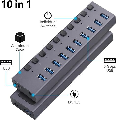 موزع USB 3.0 يعمل بالطاقة، مقسم موزع 10 منافذ، سرعة عالية 5 جيجابت في الثانية، غلاف من الألومنيوم مع مفاتيح تشغيل/إيقاف LED فردية، محول طاقة للكمبيوتر المحمول والكمبيوتر الشخصي in Kuwait
