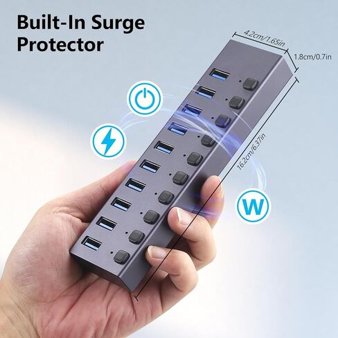 موزع USB 3.0 يعمل بالطاقة، مقسم موزع 10 منافذ، سرعة عالية 5 جيجابت في الثانية، غلاف من الألومنيوم مع مفاتيح تشغيل/إيقاف LED فردية، محول طاقة للكمبيوتر المحمول والكمبيوتر الشخصي in Kuwait