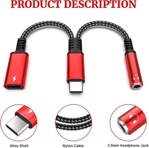 محول سماعة رأس وشاحن Asobilor USB من النوع C إلى 3.5 مم، 2 في 1 من النوع C إلى Aux Audio Jack Hi-Res DAC وPD كابل دونجل للشحن السريع متوافق مع معظم طرازات النوع C (أحمر) in Saudi Arabia
