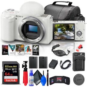Sony ZV-E10 Mirrorless Camera (Body Only, White) (ILCZV-E10/W) + 64GB Card + Corel Photo Software + Bag + NPF-W50 Battery + External Charger + Card Reader + HDMI Cable + Flex Tripod + More (Renewed)