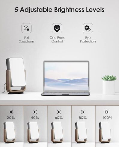 مصباح العلاج بالضوء ALBINA الخالي من الأشعة فوق البنفسجية 10,000 لوكس، مصباح المزاج السعيد مع 5 سطوع قابل للتعديل و4 وظائف مؤقتة، إطار خشبي بحامل قابل للفصل، مصباح ضوء الشمس كامل الطيف للمنزل/المكتب (أبيض/خشب البتولا) in Kuwait