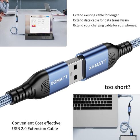 XGMATT كابل تمديد USB 10FT 2Pack، كابل تمديد USB 2.0 USB نوع A ذكر إلى أنثى كابل USB 2.0 تمديد متوافق مع لوحة مفاتيح USB، الطابعة، الماوس، محرك فلاش، القرص الصلب، إلخ - أزرق in Kuwait