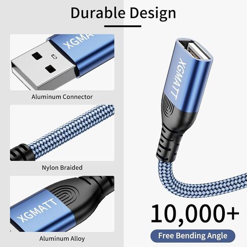 XGMATT كابل تمديد USB 10FT 2Pack، كابل تمديد USB 2.0 USB نوع A ذكر إلى أنثى كابل USB 2.0 تمديد متوافق مع لوحة مفاتيح USB، الطابعة، الماوس، محرك فلاش، القرص الصلب، إلخ - أزرق in Kuwait