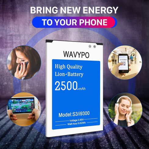 WAVYPO Battery for Galaxy S3 I9300, 2500mAh Li-ion Replacement Battery for Samsung Galaxy S3 I9300, I9305 LTE, I535, T999, I747, L710, S3 Spare Battery in Kuwait