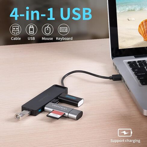 VENTION USB 3.0 Hub، 4 منافذ USB Hub، كابل USB نحيف للغاية للبيانات بطول 0.5 قدم [يدعم الشحن]، متوافق مع MacBook، والكمبيوتر المحمول، وSurface Pro، وPS4، والكمبيوتر الشخصي، ومحرك أقراص فلاش، ومحرك الأقراص الصلبة المحمول (0.15 م/0.5 قدم) in Kuwait