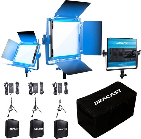 مجموعة Dracast X Series Daylight LED500 - 3 عبوات تتضمن مصابيح لوحة، وحوامل، وBarndoors، وحقيبة سفر | التحكم في تطبيقات البلوتوث | طقم إضاءة فيديو LED 5600K CCT | إضاءة خافتة للضوء 0-100% | كري TLCI 96+ in Saudi Arabia