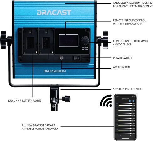 مجموعة Dracast X Series Daylight LED500 - 3 عبوات تتضمن مصابيح لوحة، وحوامل، وBarndoors، وحقيبة سفر | التحكم في تطبيقات البلوتوث | طقم إضاءة فيديو LED 5600K CCT | إضاءة خافتة للضوء 0-100% | كري TLCI 96+ in Saudi Arabia