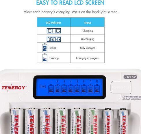 Tenergy AA بطارية قابلة للشحن وشاحن كومبو TN162 8-Bay Smart LCD AA/AAA NiMH/NiCd شاحن + 8 AA NiMH بطاريات قابلة للشحن in Saudi Arabia