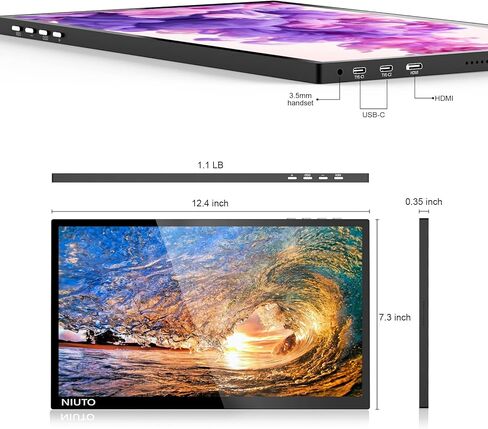 شاشة NIUTO المحمولة لأجهزة الكمبيوتر المحمول HDMI USB C، شاشة ممتدة في الهواء الطلق أو شاشة كمبيوتر محمول صغيرة للسفر FHD 1080P IPS شاشة 178 درجة عرض كامل، لجهاز MacBook/Android Xbox Switch PS5 شاشة 13 بوصة in Kuwait