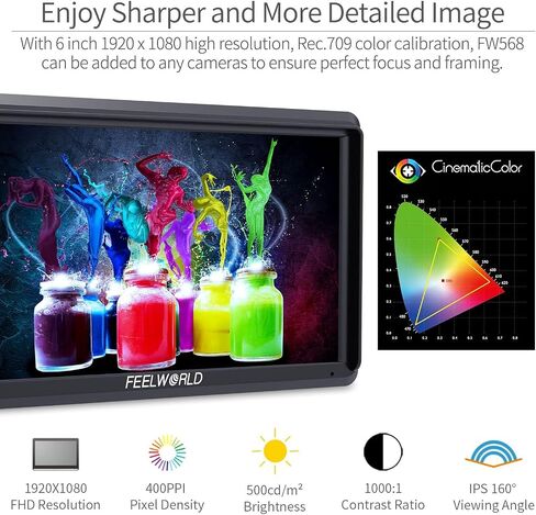 FEELWORLD FW568 5.5 inch DSLR Camera Video Monitor Field Peaking Focus Assist Small Full HD 1920x1080 IPS with 4K HDMI 8.4V DC Input Output Include Tilt Arm for Sony Canon Nikon in Saudi Arabia