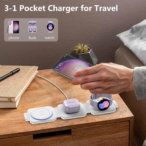 Travel Charger for Samsung Multi Devices, Foldable 3 in 1 Wireless Charging Station Fast Charging Stand/Pad Compatible for Samsung Galaxy S26/S25/S24/S23/Note20 Galaxy Watch8/7/6/Galaxy Buds4(Black in Kuwait