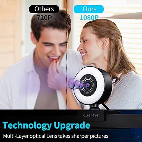 1080P 60FPS Streaming Webcam with Ring Light, Fast AutoFocus, 2021 Cleareye USB 1080P Web Camera, Dual Stereo Microphone, for Zoom Meeting Skype Teams in Saudi Arabia