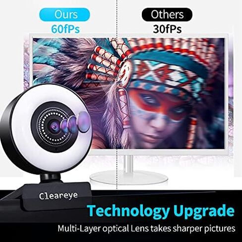 1080P 60FPS Streaming Webcam with Ring Light, Fast AutoFocus, 2021 Cleareye USB 1080P Web Camera, Dual Stereo Microphone, for Zoom Meeting Skype Teams in Saudi Arabia