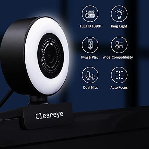 1080P 60FPS Streaming Webcam with Ring Light, Fast AutoFocus, 2021 Cleareye USB 1080P Web Camera, Dual Stereo Microphone, for Zoom Meeting Skype Teams in Saudi Arabia