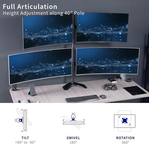 VIVO Premium Quad Ultra Wide LCD LED 27 to 38 inch Monitor Desk Stand, Free-Standing Base, Extra Tall Pole, Adjustable Telescoping Arms, Flush Wall Setup, Fits 4 Screens, Black, STAND-TS38B-4 in Saudi Arabia