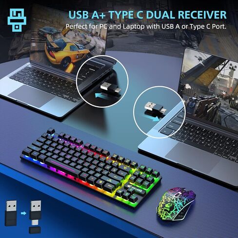 مجموعة لوحة مفاتيح وماوس لاسلكية للألعاب، لوحة مفاتيح غشائية بإضاءة خلفية بألوان قوس قزح 87 مفتاحًا، ماوس لوحة مفاتيح قابل لإعادة الشحن 2.4 جيجا هرتز بقدرة 4000 مللي أمبير في الساعة، مستقبل USB مزدوج الرأس من النوع C للكمبيوتر/الهاتف الذكي/الكمبيوتر المحم in Kuwait