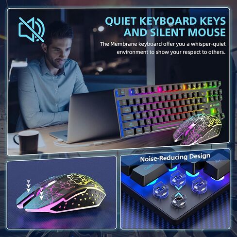 مجموعة لوحة مفاتيح وماوس لاسلكية للألعاب، لوحة مفاتيح غشائية بإضاءة خلفية بألوان قوس قزح 87 مفتاحًا، ماوس لوحة مفاتيح قابل لإعادة الشحن 2.4 جيجا هرتز بقدرة 4000 مللي أمبير في الساعة، مستقبل USB مزدوج الرأس من النوع C للكمبيوتر/الهاتف الذكي/الكمبيوتر المحم in Kuwait