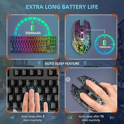 مجموعة لوحة مفاتيح وماوس لاسلكية للألعاب، لوحة مفاتيح غشائية بإضاءة خلفية بألوان قوس قزح 87 مفتاحًا، ماوس لوحة مفاتيح قابل لإعادة الشحن 2.4 جيجا هرتز بقدرة 4000 مللي أمبير في الساعة، مستقبل USB مزدوج الرأس من النوع C للكمبيوتر/الهاتف الذكي/الكمبيوتر المحم in Kuwait