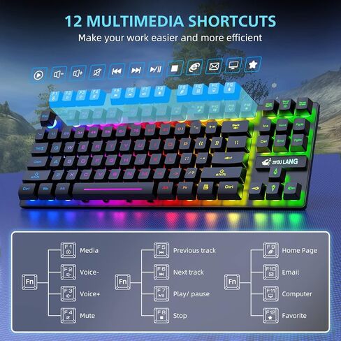 مجموعة لوحة مفاتيح وماوس لاسلكية للألعاب، لوحة مفاتيح غشائية بإضاءة خلفية بألوان قوس قزح 87 مفتاحًا، ماوس لوحة مفاتيح قابل لإعادة الشحن 2.4 جيجا هرتز بقدرة 4000 مللي أمبير في الساعة، مستقبل USB مزدوج الرأس من النوع C للكمبيوتر/الهاتف الذكي/الكمبيوتر المحم in Kuwait
