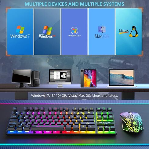 مجموعة لوحة مفاتيح وماوس لاسلكية للألعاب، لوحة مفاتيح غشائية بإضاءة خلفية بألوان قوس قزح 87 مفتاحًا، ماوس لوحة مفاتيح قابل لإعادة الشحن 2.4 جيجا هرتز بقدرة 4000 مللي أمبير في الساعة، مستقبل USB مزدوج الرأس من النوع C للكمبيوتر/الهاتف الذكي/الكمبيوتر المحم in Kuwait