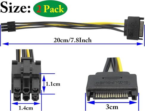 zdyCGTime SATA 15Pin Male to 6Pin Male Graphics Card Power Cord, SATA Powered by Power Supply Cable,15P to 6P Reverse Power Supply Cable Express(PCI-E) Graphics Card Extension Cable.(20cm/2Pack) in Saudi Arabia