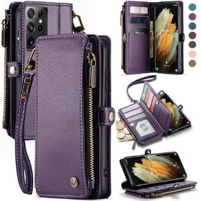 حافظة Defencase لهاتف Samsung Galaxy S21 Ultra، حافظة محفظة لهاتف Samsung S21 Ultra للنساء والرجال، حافظة هاتف متينة من جلد البولي يوريثان بحزام مغناطيسي وسحاب وحامل بطاقات لهاتف Galaxy S21 Ultra، وردي وردي in Kuwait