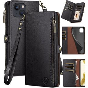 XcaseBar for iPhone 15 6.1" Wallet case with Zipper Credit Card Holder RFID Blocking,Flip Folio Book PU Leather Shockproof Strap Protective Cover Women Men Apple 15 Phone case Rose Gold