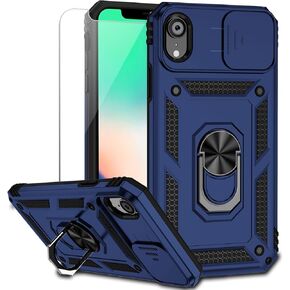 حافظة لهاتف iPhone XR مع غطاء عدسة الكاميرا وواقي شاشة HD، طبقة مزدوجة [حماية من السقوط من الدرجة العسكرية بطول 15 قدمًا] حافظة هاتف واقية بمسند وحلقة مغناطيسية لهاتف iPhone XR 6.1 بوصة (أزرق داكن) in Kuwait