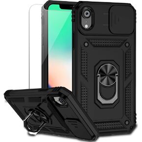for iPhone XR Case with Camera Lens Cover HD Screen Protector, Dual Layer [15 FT Military Grade Drop Protection] Magnetic Ring Holder Kickstand Protective Phone Case for iPhone XR 6.1 inch (Navy Blue) in Kuwait