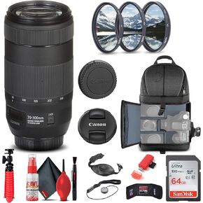 عدسة Canon EF 70-300mm f/4-5.6 is II USM (0571C002) + طقم مرشح + حقيبة ظهر + بطاقة سعة 64 جيجابايت + قارئ بطاقات + حامل ثلاثي القوائم مرن + محفظة ذاكرة + حافظة للأغطية + طقم تنظيف + حزام يد + المزيد (متجدد) in Saudi Arabia