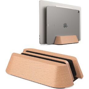 KUSOVILI Dual-Slot Vertical Laptop Stand - Adjustable Handmade Solid Wood Dock for 2 Devices up to 17.3 inch, Compatible with MacBook/Surface/Samsung/HP/Dell/Chrome Book (Oak) in Kuwait