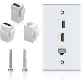 لوحة حائط Poyiccot HDMI RJ45، لوحة حائط بمنفذ USB 3 منافذ HDMI، 1 × مقبس HDMI أنثى إلى أنثى + 1 × Cat6 RJ45 إيثرنت + 1 × مقبس USB 3.0 يدعم لوحة الحائط كيستون للوحة الوجه، أبيض in Kuwait